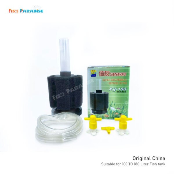 Aquarium Biochemical Super Sponge Filter (XINYOU XY-180)- Suitable for 100 TO 180 Liter Fish tank. 1 XY-180 Sponge Filter, 10 Feet Pipe, 2 Air flow Controller, 1 T Connector.